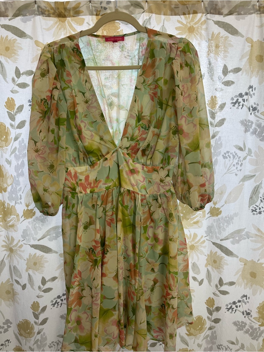 Flying Tomato Sheer Floral Mini Dress in Green and Pink